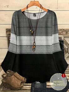 EMERY ROSE 大码女式休闲全宽黑白灰条纹印花圆领宽松七分袖衬衫，秋冬 - 彩色 - 查看 1