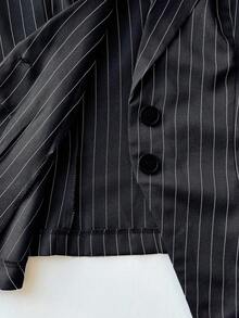 Elamini 2pcs Women's Striped Suit Set: Black Lapel Blazer Jacket And Pleated Dress, Commuting & School Style For Autumn/Winter - Navy Blue - View 5