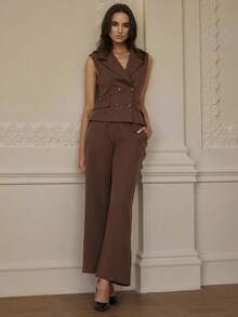 Aveloria Modichic 2pcs Set Women's Fashionable Collar Sleeveless High Waist Straight Leg Pants - Brown - View 6
