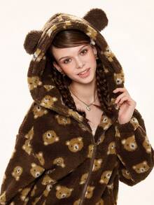 ROMWE Kawaii Cute Bear Double-Sided Fleece Print Hooded Jacket With Bear Ears Zipper Front For Women, Long Sleeve