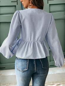 SHEIN Frenchy Breathable Comfortable Striped Cotton-Like Women's Shirt Winter - Blue and White - View 2