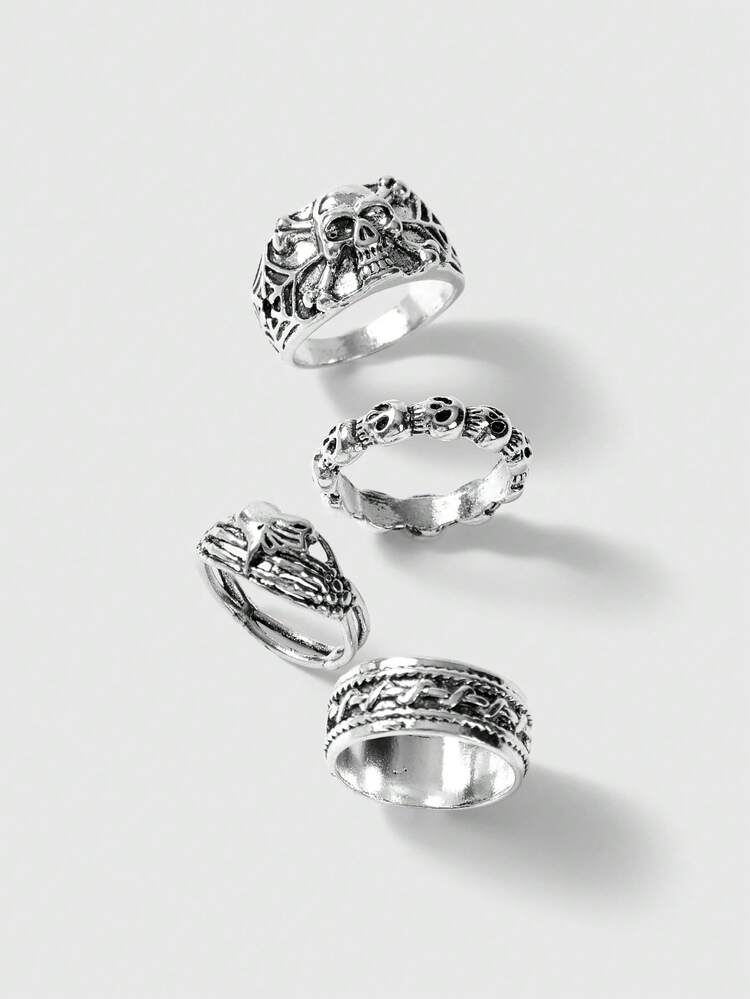 ROMWE Goth 4개/세트 펑크 스타일 해골 머리 & 하트 모양 반지 세트