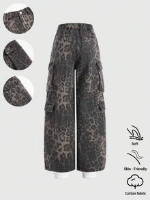 SHEIN Explorewe Tween Girls' Y2K Style Leopard Print Cargo Pants, Soft Washed Leopard Camouflage, Y2K Streetwear Fashion, Relaxed Fit With Accordion Pockets, Elastic Waist, Straight Leg, Cotton Denim Fabric, Suitable For Daily, Party, School, Commuting, Autumn/Winter New Arrival - Multicolor - View 2