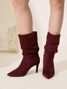 CUCCOO CHICEST 女士秋冬新款褶皱尖头细高跟优雅通勤百搭经典舒适黑色仿麂皮绒中筒靴，适合约会、工作、万圣节、圣诞节、感恩节等场合，用途广泛。 - 紅色 - 查看 5