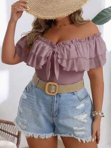 SHEIN VCAY 大码纯色荷叶边露肩T恤 - 淺灰紫 - 查看 6