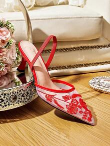 CUCCOO HITCHD 女士时尚黑色花朵优雅派对高跟凉鞋 - 紅色 - 查看 1