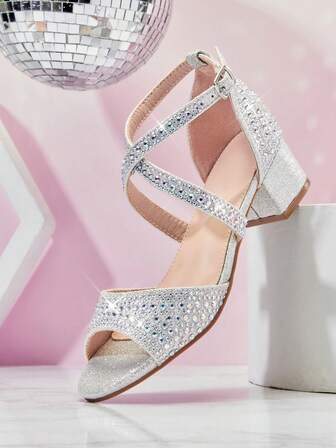 Mini mi #ShinyCharm Mädchen Peep Zehen Blockabsatz Glitzer Silber Festliche Sandalen - Durchgehend irisierender Strass, sicherer und eleganter Sitz.