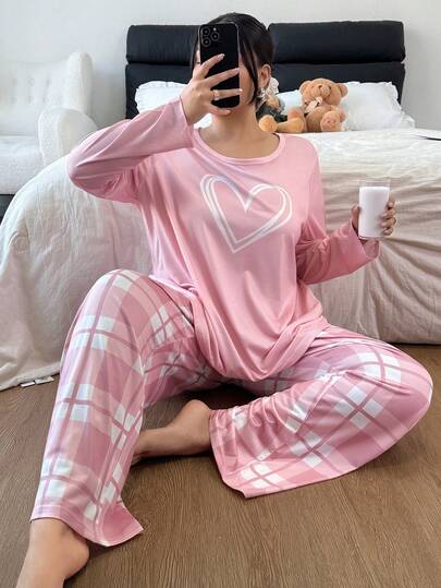 Slumberry CURVE Plus Size Women's Casual Heart Plaid Print Long Sleeve Top & Pants Pajama Set, Fall & Winter Clothes