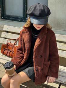 Tween Girl Fashionable Versatile Solid Color Double-Breasted Jacket, Autumn/Winter - Multicolor - View 7