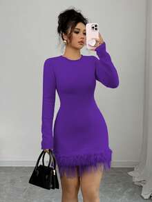 Elenzga Women's Fashionable Solid Color Fringed Decor Mini Sweater Dress - Purple - View 5