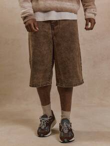 Musero Men Longline Washed Denim Shorts - Brown - View 2