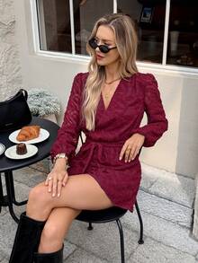SHEIN Frenchy 女士优雅纯色纹理连体裤，适合通勤 - 酒紅色 - 查看 1