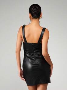 MISSGUIDED Faux Leather Mini Dress With Gold Button Straps Bodycon Party Dress - Black - View 2