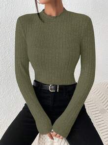SHEIN Frenchy Mock Neck Ribbed Knit Textured Fabric Tee Winter,Fall,Fall Clothes For Women Green Christmas Casual Spring - Army Green - View 3
