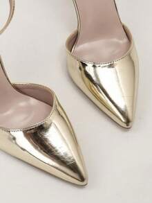 Ellevyn Sandalias de tacón alto con punta puntiaguda y tiras caladas para mujer, Otoño/Invierno 2025, Sexy, Tacones para mujer - Dorado - Ver 4