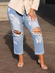 MelDlgn 女士大尺碼時尚高腰破洞牛仔褲 - 淺色水洗藍 - 查看 4