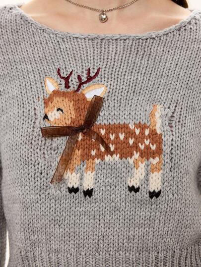 Kawaii Mignon Cerf Tricoté Court Évasé Manches Femmes Pull Tricoté