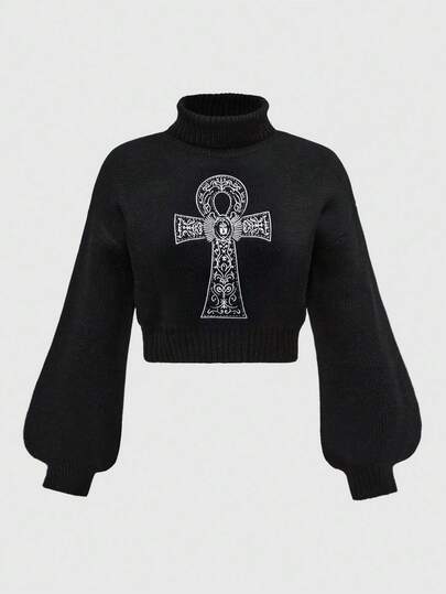 Goth Pull col roulé avec broderie croix ankh, style gothique punk