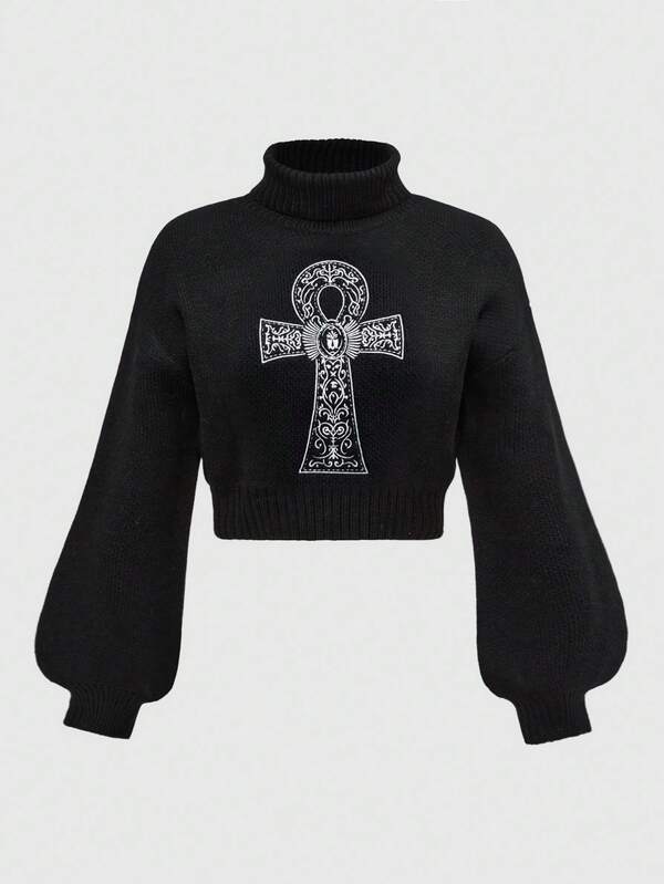 ROMWE Goth Goth Punk Style Ankh Cross Embroidered Turtleneck Sweater