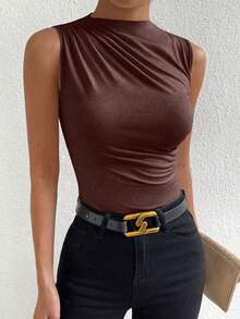 SHEIN PETITE Tank Top Lipit Leher Tinggi Kasual Modis, untuk Wanita Bertubuh Mungil - Coklat - View 5