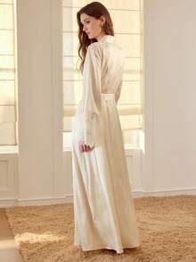MOTF PREMIUM JACQUARD SATIN PATCHWORK LACE ELEGANT BELTED ROBE & MERMAID HEM SLIP SLEEP DRESS PAJAMA SET - Apricot - View 7