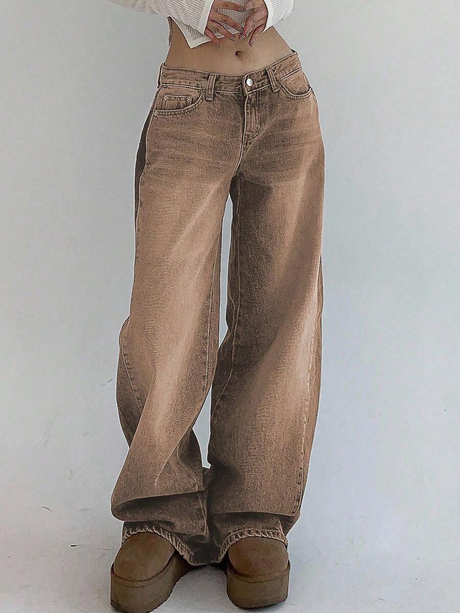 DAZY Quần jeans ống rộng cổ điển, giặt thường ngày dành cho nữ - Màu nâu  Mocha - Xem 1