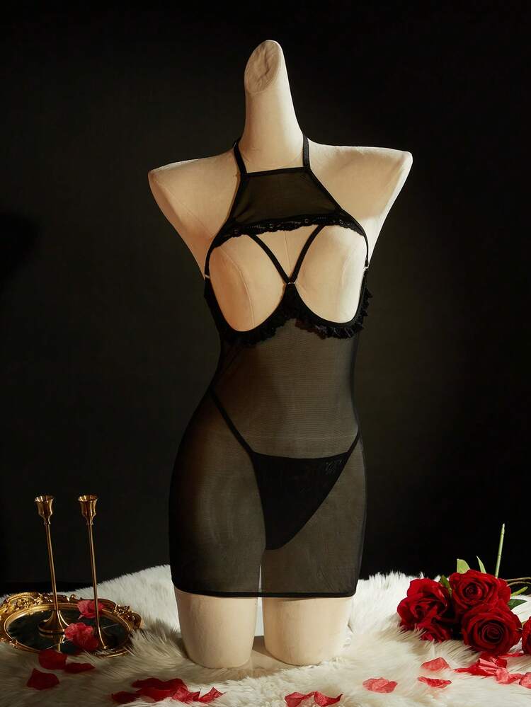SpicyHot Lencería de mujer con cuello halter de encaje calado - Negro - Añade 3