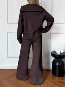 DAZY 两件套女士纯色落肩长袖拉链连帽开衫毛衣套装 - 棕色 - 查看 5