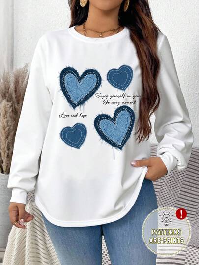 EMERY ROSE Casual Blue Heart Print Plus Size Curved Hem White Thermal Lined Loose Sweatshirt, Suitable For  Women Long Sleeve Tops Graphic,Spring