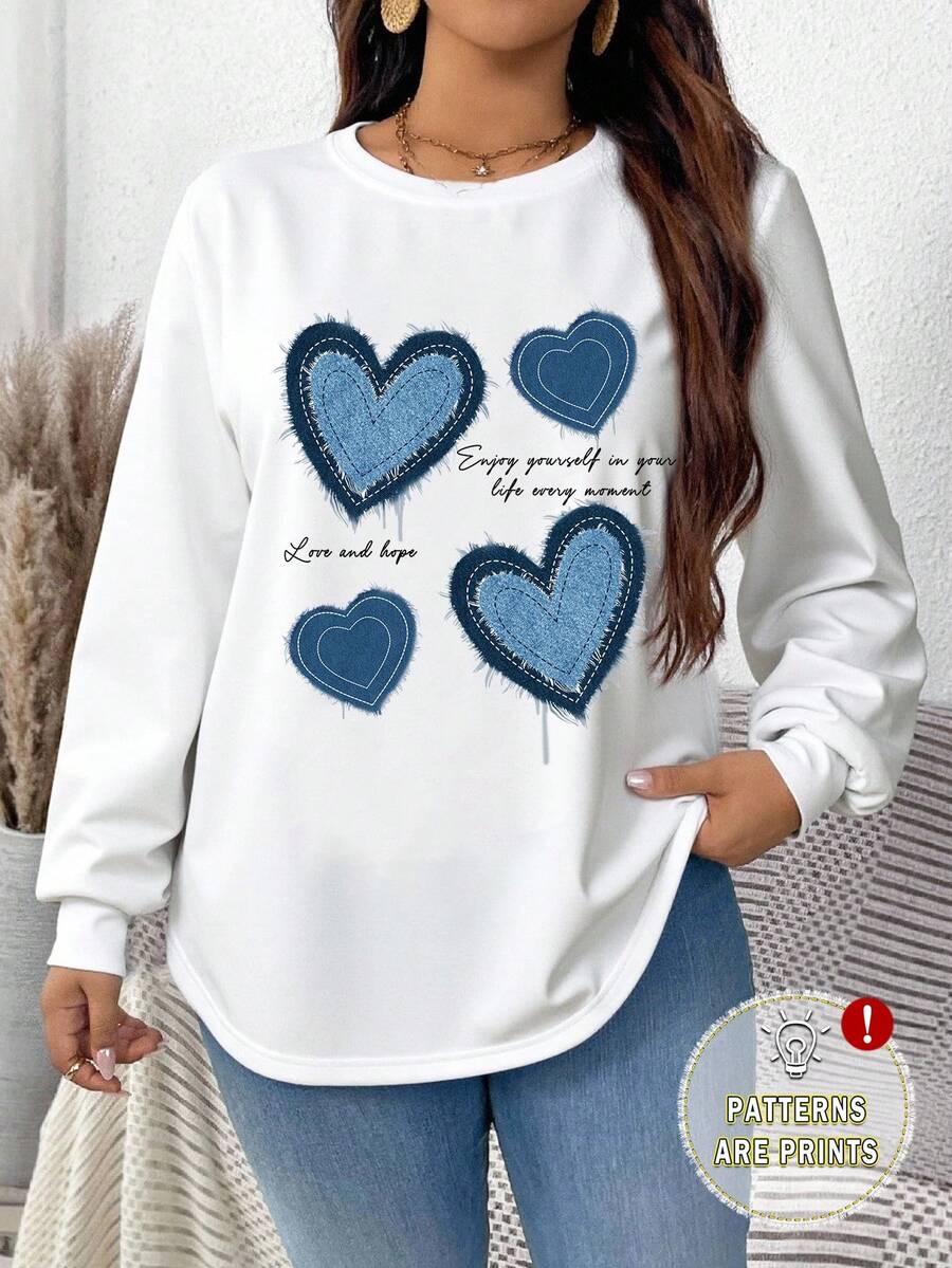 EMERY ROSE Casual Blue Heart Print Plus Size Curved Hem White Thermal Lined Loose Sweatshirt, Suitable For  Women Long Sleeve Tops Graphic,Spring - White - View 1
