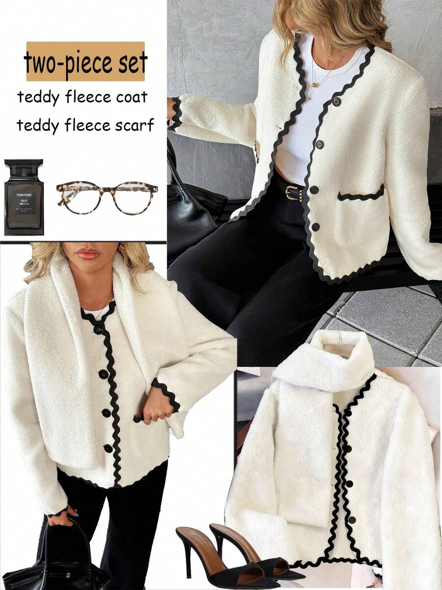 Chiquease Bộ đồ len lông cừu mềm mại, sang trọng dành cho nữ mùa thu đông 2025 (Áo khoác ngoài đa năng + Khăn choàng chần bông dày dặn) – Thêu tinh xảo, điểm nhấn nút trắng sắc nét & túi bên hông tiện dụng, một món đồ ấm áp thiết yếu cho tủ đồ khi đi làm & mặc thường ngày - Màu be - Xem 1