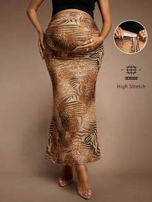 SHEIN MaterniChic Váy đuôi cá họa tiết động vật thời trang mùa thu đông dành cho bà bầu đi làm Váy dài Maxi cong họa tiết động vật Váy dài màu nâu Váy dài Maxi cho nữ Váy ngựa vằn - màu nâu - Xem 8