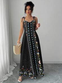 Rafferiza 女士宽松印花吊带连衣裙，度假沙滩装 - 黑色 - 查看 6