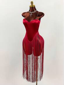 Amplova Váy dự tiệc hở lưng viền tua rua màu đỏ dành cho nữ - Đỏ - Xem 3