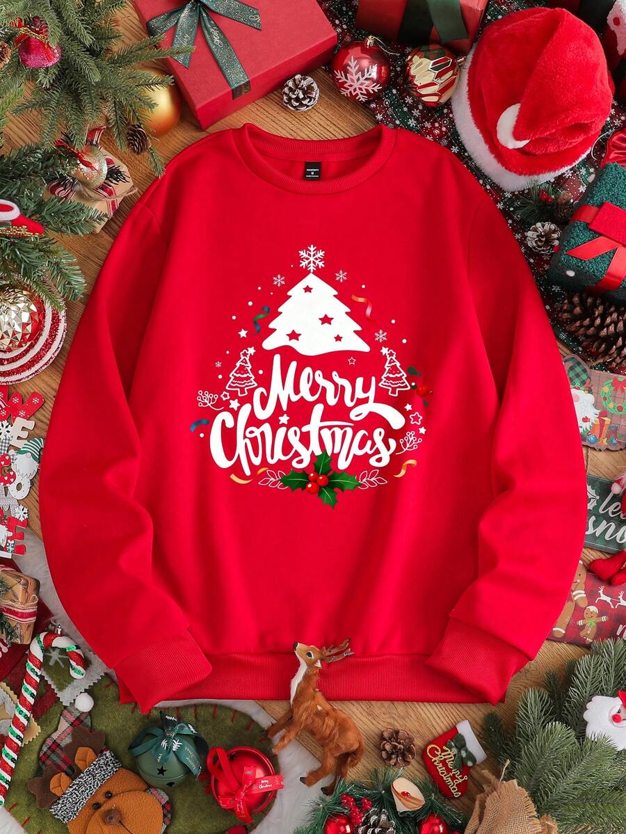 Manfinity Joysei 男士圣诞快乐图案圆领运动衫，适合家庭聚会、丈夫/男朋友礼物 - 紅色 - 查看 1
