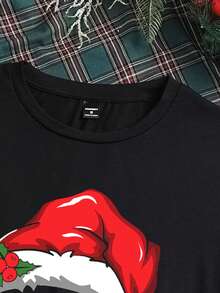 Manfinity Joysei 时尚休闲圣诞圣诞老人帽和字母印花情侣款黑色圆领男士 T 恤 - 黑色 - 查看 4