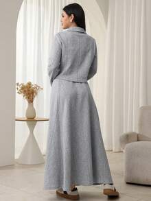 Modelyn 2pcs Women Front Button Long Sleeve Top And Skirt Set, Fashionable For Outings In Autumn/Winter - Light Grey - View 2