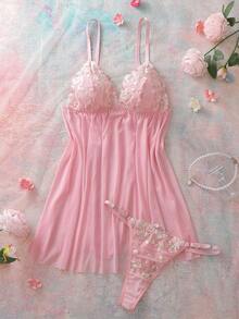 FloralLove 2pcs Pink Floral Camisole Dress + Panty Set, Countryside Romantic Comfy Curvy Triangle Cup Ruffle Trim Sexy Nightgown For Women - Pink - View 9