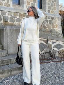 Jeta Ari 2pcs Elderly Women Casual Comfortable Loose Knit Sweater And High Waist Elastic Pants Set, Autumn/Winter, Fall And Winter, Casual, White, Longsleeve,Women's Fall Clothes - Apricot - View 6
