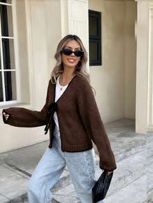 Serisse Áo khoác cardigan dài tay thắt nút phía trước viền tương phản dành cho nữ, màu xám và đen, trang phục thường ngày, FW24, đi làm, tối giản, công sở, phong cách cổ điển, đơn giản, trang phục thường ngày, giáng sinh, lễ tạ ơn dành cho nữ, năm mới, đêm giao thừa, áo khoác cardigan dài tay thắt nút cỡ lớn dành cho nữ - màu nâu - Xem 5