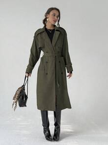 Aloruh Áo khoác trench coat cổ ve lật tay dài hai hàng khuy trơn màu dành cho nữ mùa thu/đông - màu xanh lá - Xem 8