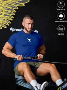 Gym Rark 男士舒适短袖运动压缩T恤 健身上衣 篮球服 男士“我爱我的男朋友”图案T恤 男士慢跑运动T恤 健身T恤 皇家蓝运动服 健身衬衫 男士健身T恤 男士压缩衬衫 轻便 - 藍色 - 查看 4