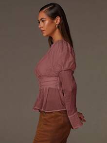 Athîral 女士休闲纹理泡泡袖荷叶边下摆衬衫，秋季 - 紅色 - 查看 5