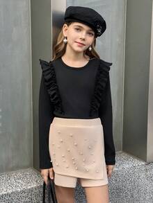 MODELY Mädchen 2-teiliges Set, bequemes geripptes Strickgewebe Rundhals Langarm T-Shirt mit Rüschenbesatz + Bubble Dekor Rock, eleganter britischer Stil Outfit für Frühling/Herbst Alltag & Ferien - Schwarz - Übersicht 3