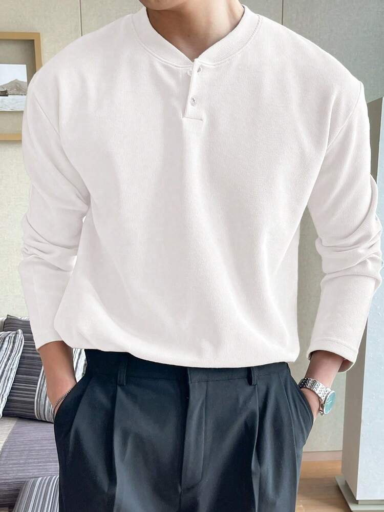 Men's Solid Color Half-Zip White T-Shirt, Autumn