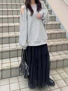 FRIFUL 女士标语印花露肩长袖宽松休闲T恤 - 灰色 - 查看 2