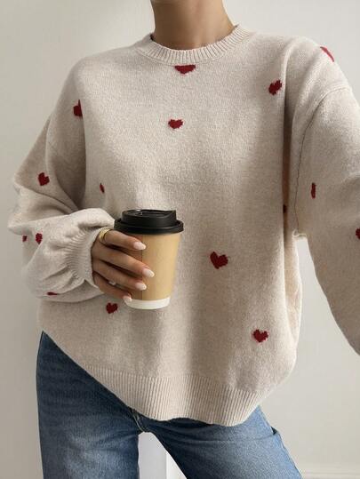 Livesso 宽松休闲优雅心形提花装饰针织毛衣，女士秋冬款