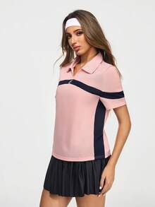 SHEIN Sovereign Charm Camisa polo deportiva de mujer con bloques de color rosa y azul marino, top deportivo de manga corta, ropa deportiva casual de golf y tenis, tenis rosa, tops de tenis, camisa de tenis - Rosa - Ver 3