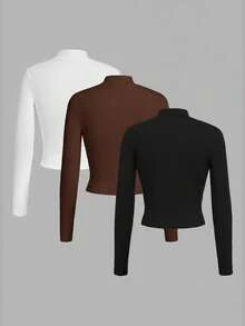SHEIN EZwear 3pcs/Set Women Casual Mock Neck Slim Fit Long Sleeve T-Shirt Set, Suitable For Autumn/Winter, Layering, Versatile - Multicolor - View 2