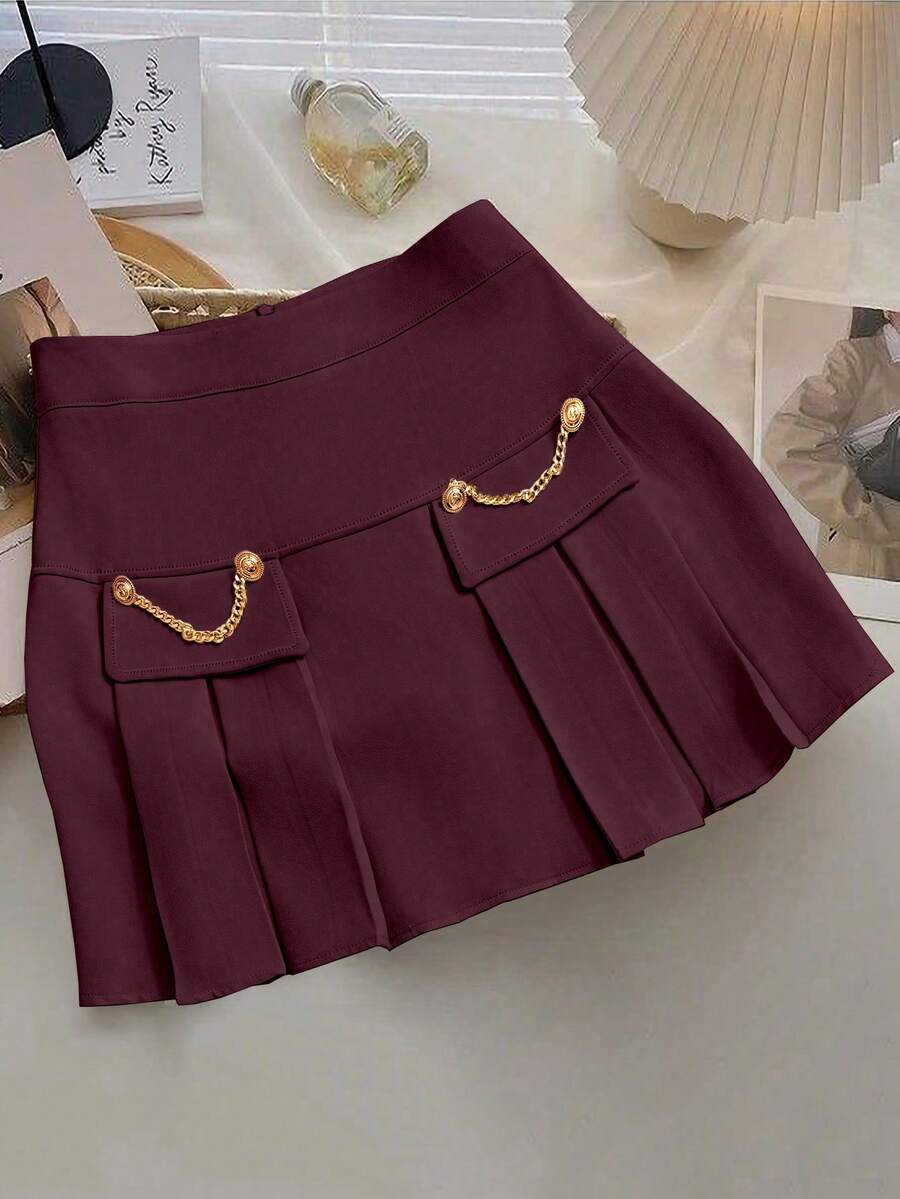 GlowEve 优雅纯色褶皱链条装饰裙 - 中紫紅色 - 查看 1